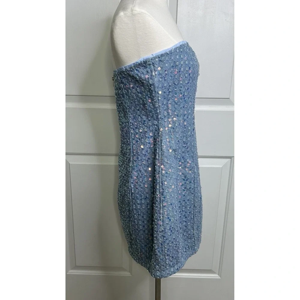 Superdown Claudia Sequin Denim Dress Mini Light Blue Strapless Womens L READ New - Picture 2 of 14